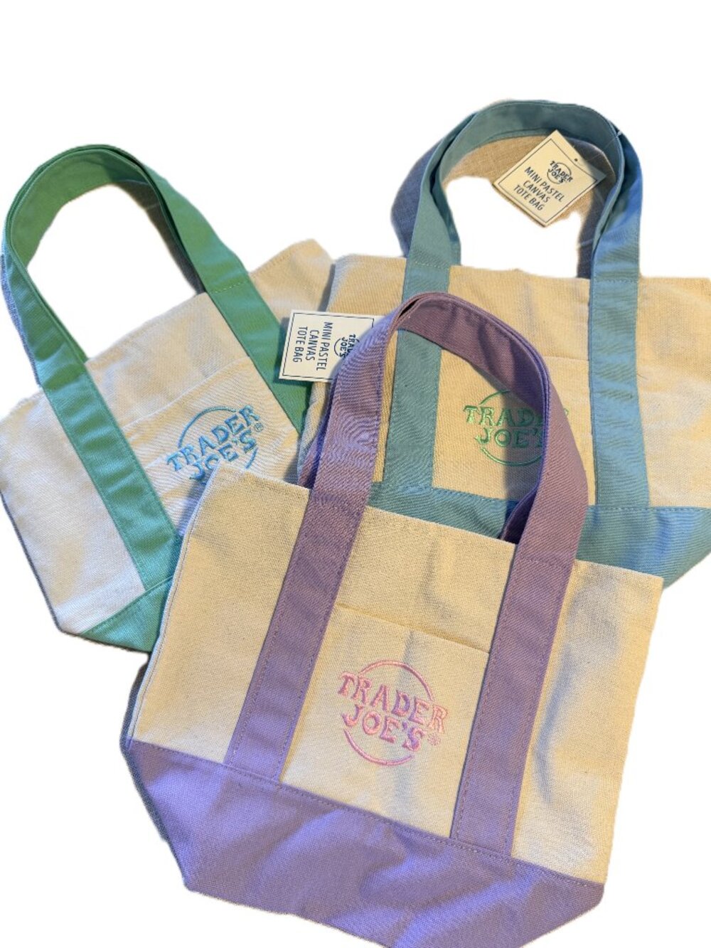 Trader Joe's Mini Pastel Tote Bag Set of 3 – Blue, Purple & Green